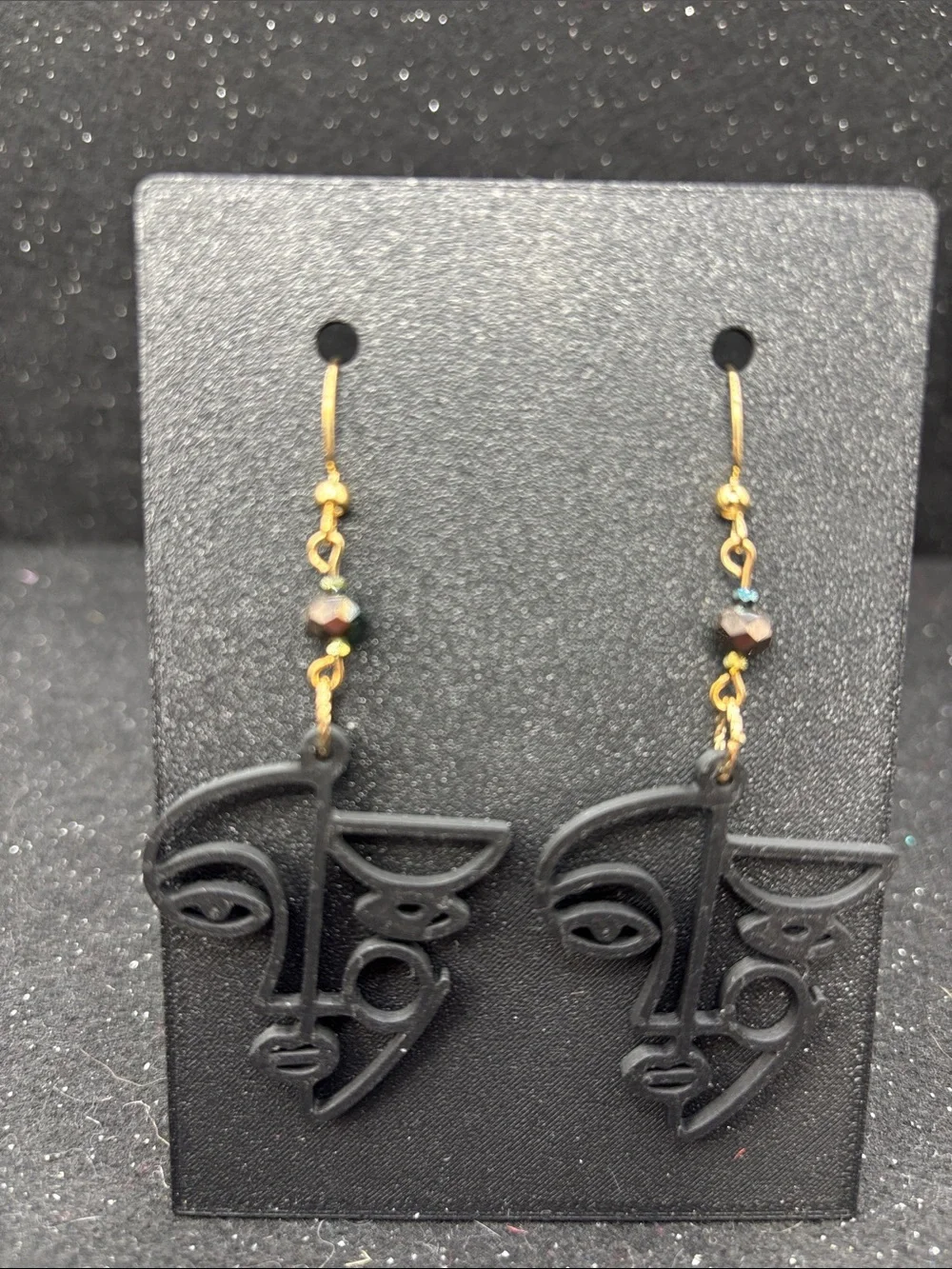 Abstract Face Drop Earrings - Black with Green Accent - Picture 5 of 5